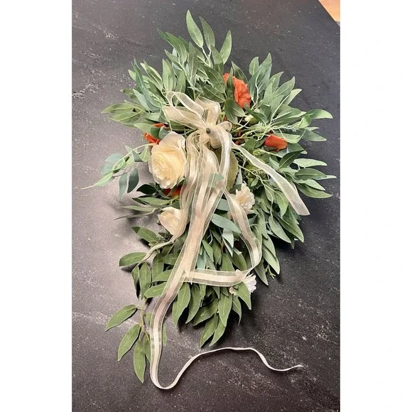 Large Silk Wedding Bouquet Orange Ivory Roses Cascade Bridal Flowers 23" x 18" - Picture 5 of 8